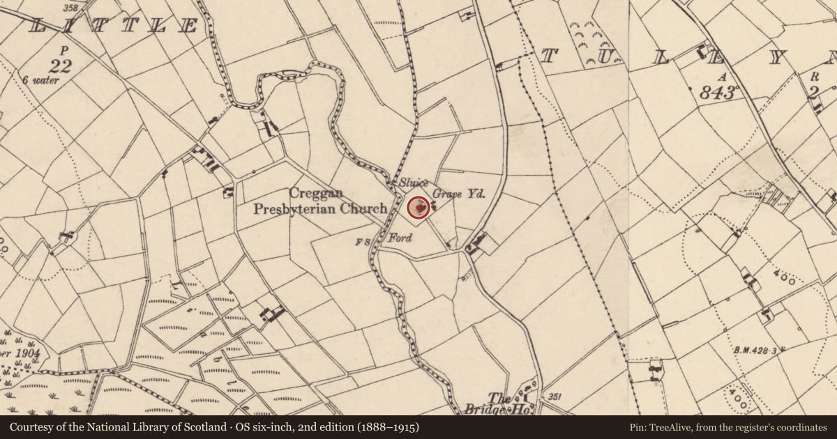 Ordnance Survey six-inch map, 2nd edition (1888–1915) covering the location of Creggan Freeduff Presbyterian Church, Newry, Mourne and Down, with a pin at the register's coordinates