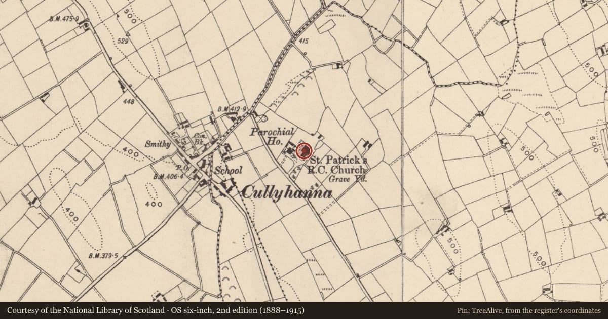 Ordnance Survey six-inch map, 2nd edition (1888–1915) covering the location of St. Patrick'S R C Church Cullyhanna, Newry, Mourne and Down, with a pin at the register's coordinates