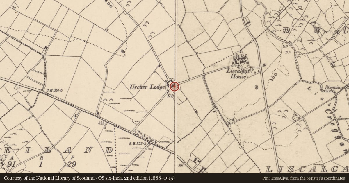 Ordnance Survey six-inch map, 2nd edition (1888–1915) covering the location of Urcher Lodge, Newry, Mourne and Down, with a pin at the register's coordinates