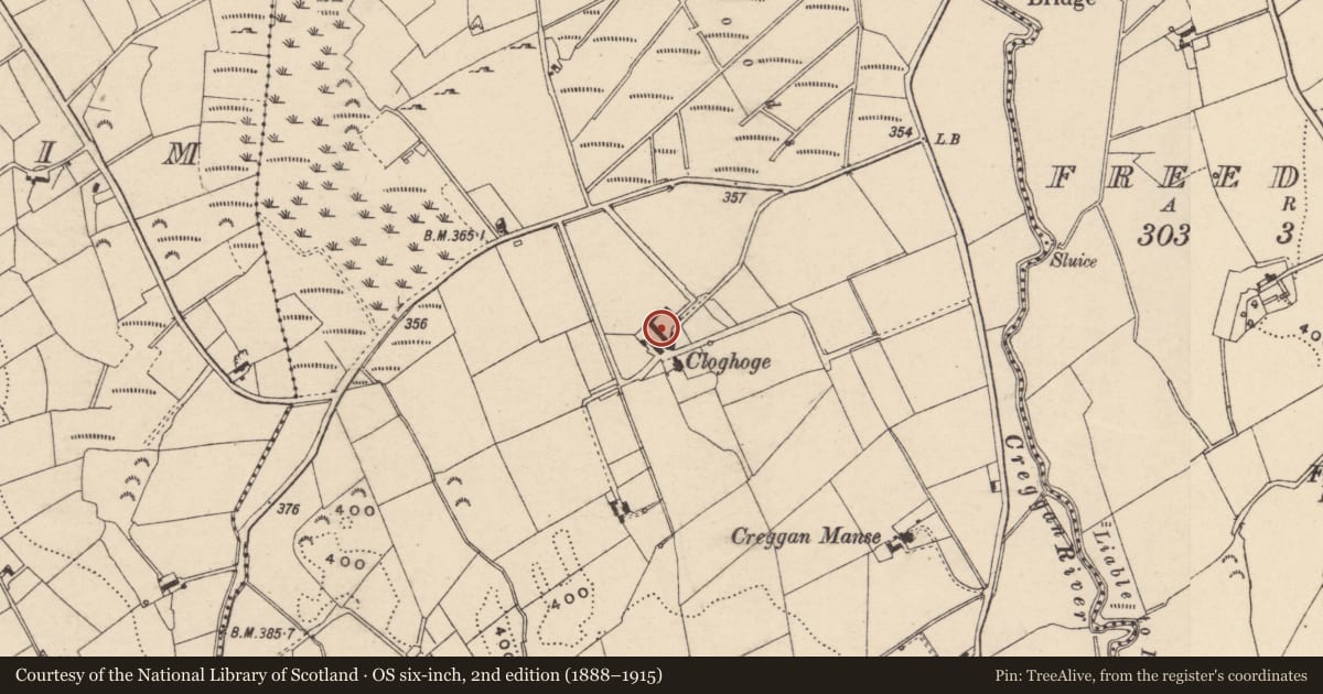 Ordnance Survey six-inch map, 2nd edition (1888–1915) covering the location of Cloghogue Lodge, Newry, Mourne and Down, with a pin at the register's coordinates
