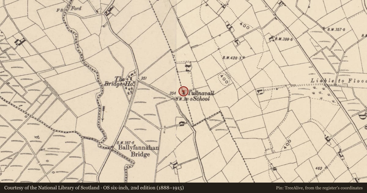 Ordnance Survey six-inch map, 2nd edition (1888–1915) covering the location of former National School, Tullynavall, Newry, Mourne and Down, with a pin at the register's coordinates