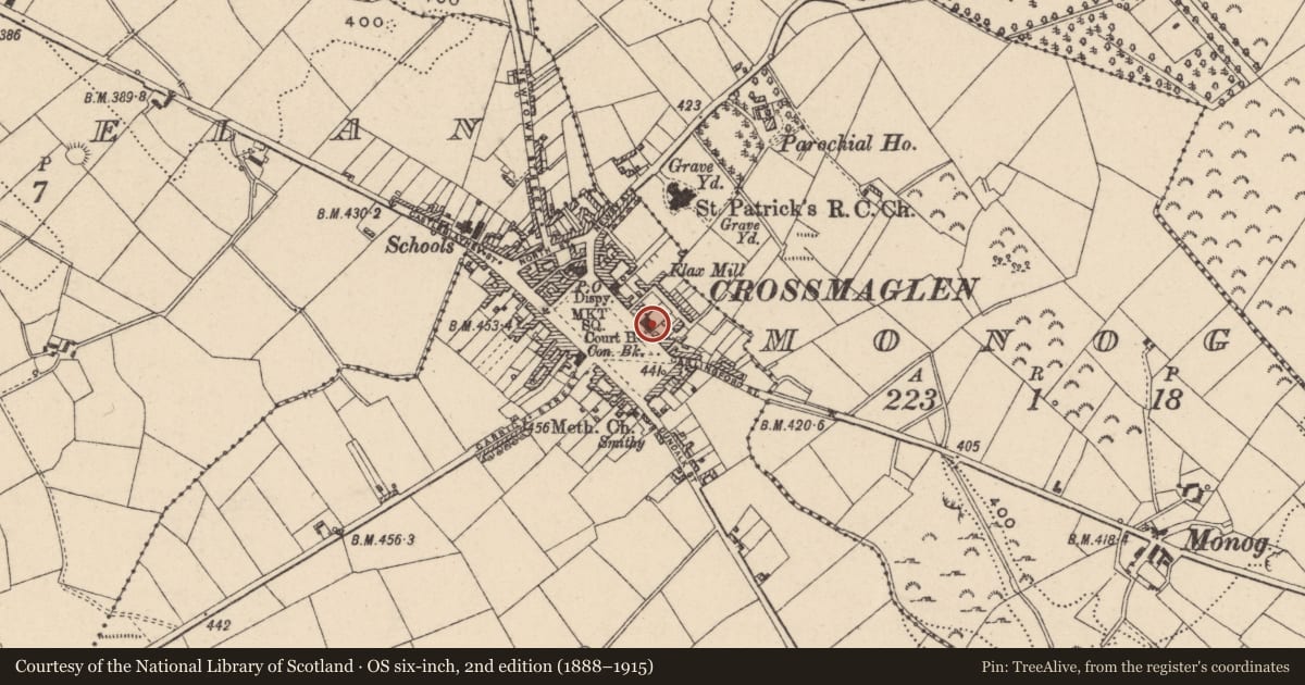 Ordnance Survey six-inch map, 2nd edition (1888–1915) covering the location of Former Court House and Market House, Newry, Mourne and Down, with a pin at the register's coordinates