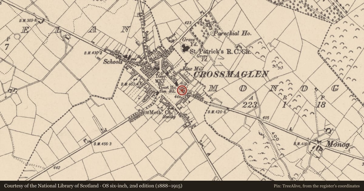 Ordnance Survey six-inch map, 2nd edition (1888–1915) covering the location of Block 5, Newry, Mourne and Down, with a pin at the register's coordinates