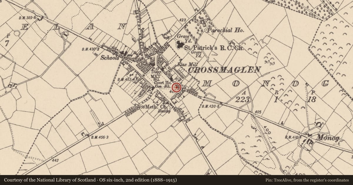 Ordnance Survey six-inch map, 2nd edition (1888–1915) covering the location of Block 7, Newry, Mourne and Down, with a pin at the register's coordinates