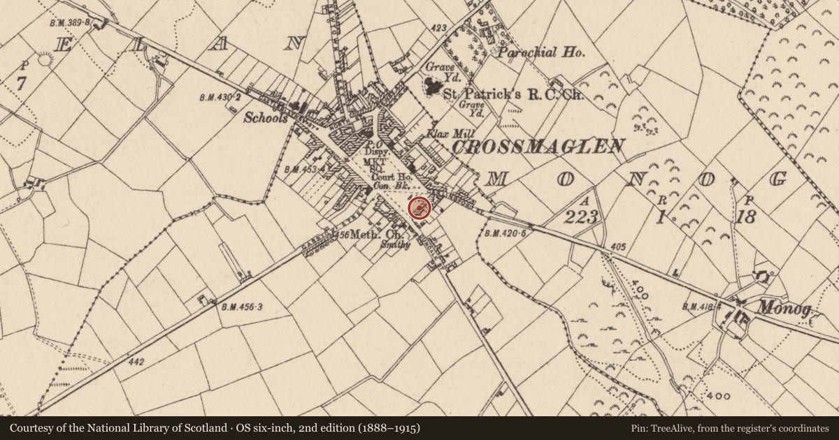 Ordnance Survey six-inch map, 2nd edition (1888–1915) covering the location of SE Terrace, Newry, Mourne and Down, with a pin at the register's coordinates