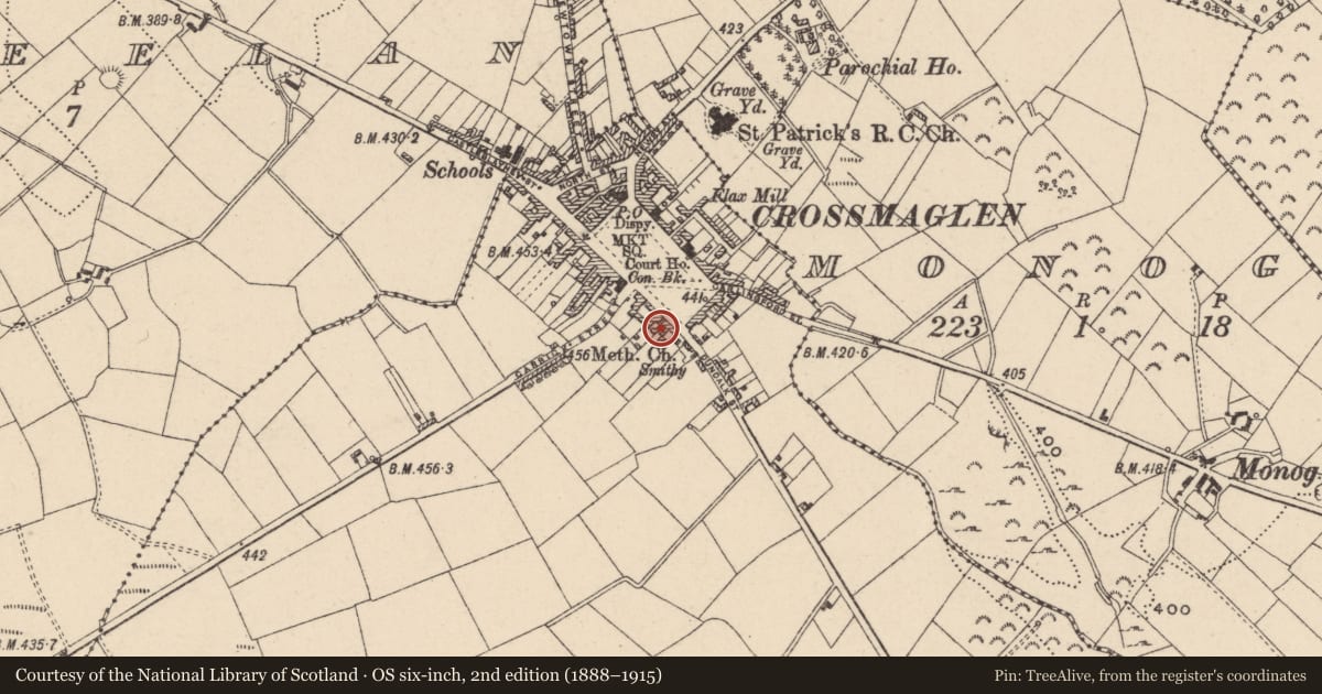 Ordnance Survey six-inch map, 2nd edition (1888–1915) covering the location of SW Terrace, Newry, Mourne and Down, with a pin at the register's coordinates