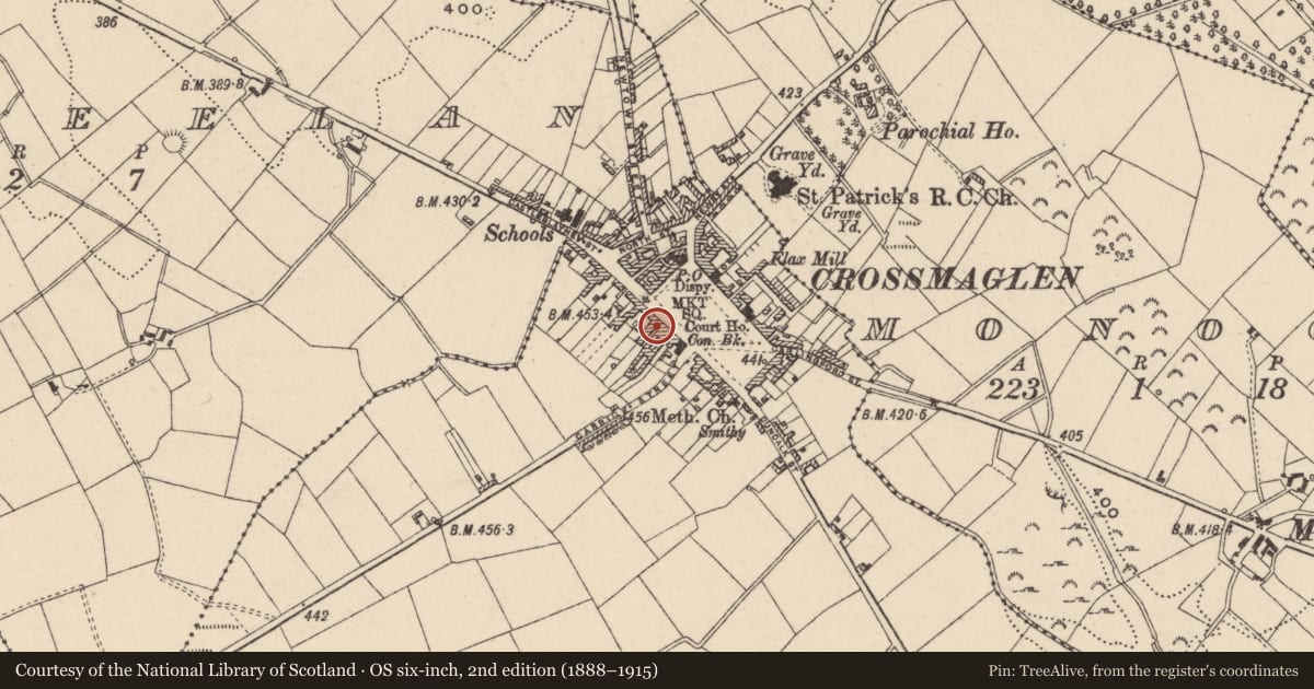Ordnance Survey six-inch map, 2nd edition (1888–1915) covering the location of 11 Market Square, Newry, Mourne and Down, with a pin at the register's coordinates