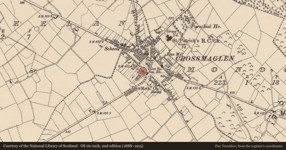 Ordnance Survey six-inch map, 2nd edition (1888–1915) covering the location of 12 Market Square, Newry, Mourne and Down, with a pin at the register's coordinates