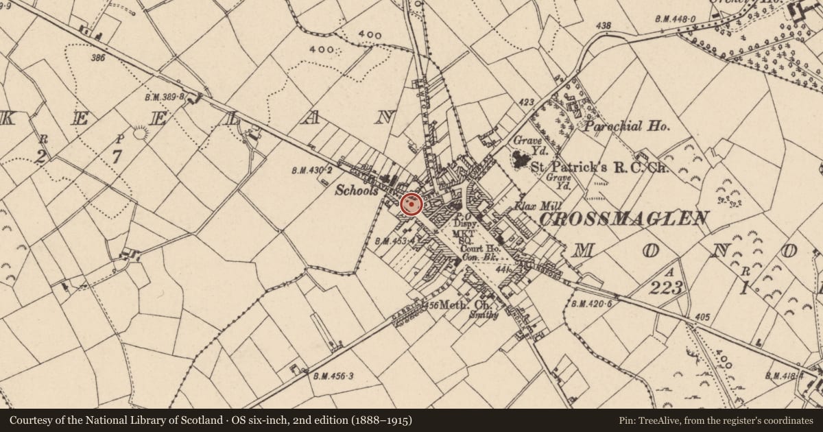 Ordnance Survey six-inch map, 2nd edition (1888–1915) covering the location of Block 9, Newry, Mourne and Down, with a pin at the register's coordinates