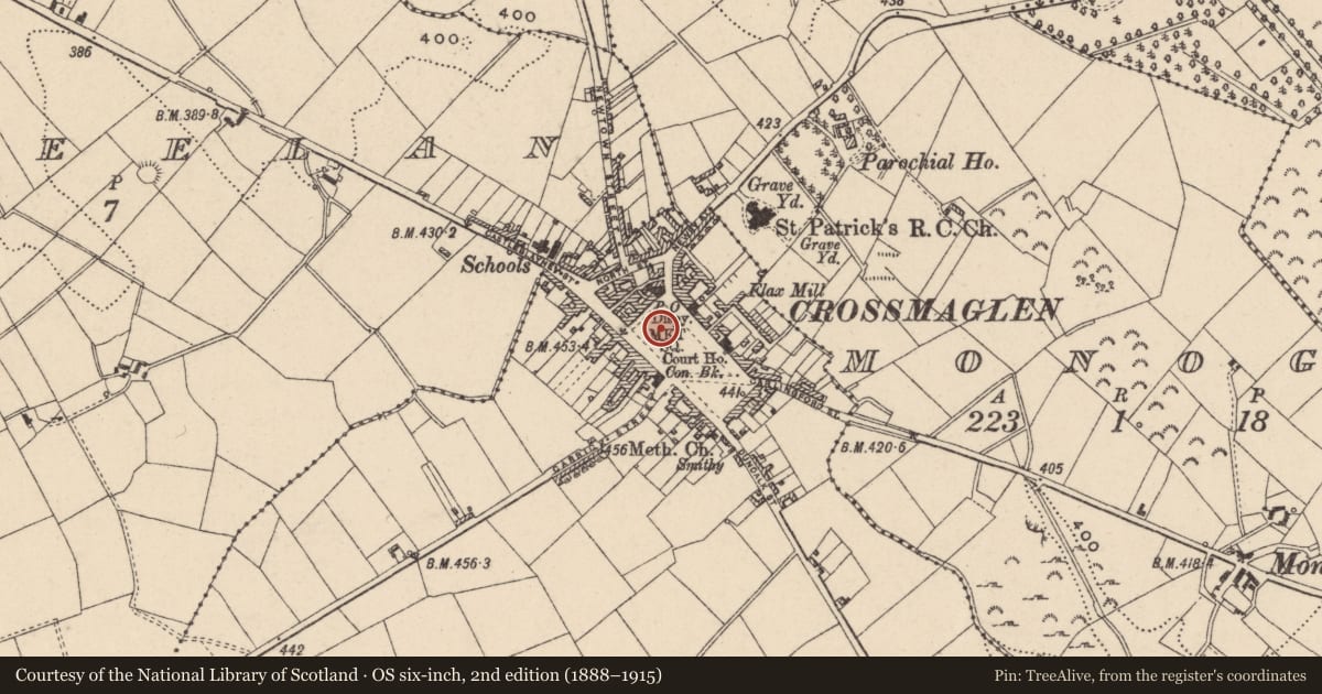 Ordnance Survey six-inch map, 2nd edition (1888–1915) covering the location of Market Square, Newry, Mourne and Down, with a pin at the register's coordinates