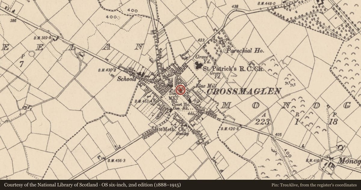 Ordnance Survey six-inch map, 2nd edition (1888–1915) covering the location of 2 NE Market Square, Newry, Mourne and Down, with a pin at the register's coordinates