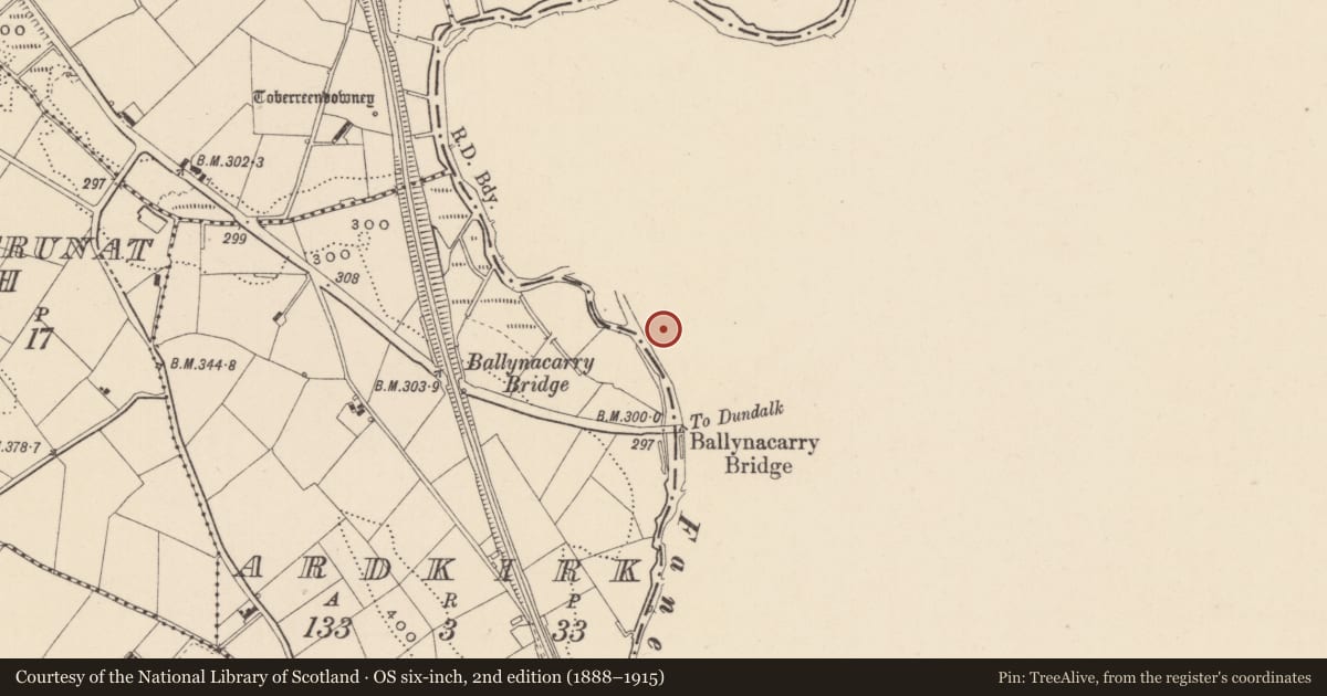 Ordnance Survey six-inch map, 2nd edition (1888–1915) covering the location of Dwelling near Ballynacarry Bridge, with a pin at the register's coordinates
