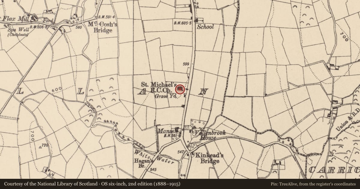 Ordnance Survey six-inch map, 2nd edition (1888–1915) covering the location of St. Michael'S R C CHURCH, Newry, Mourne and Down, with a pin at the register's coordinates