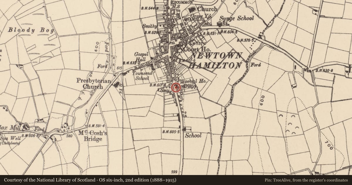 Ordnance Survey six-inch map, 2nd edition (1888–1915) covering the location of 52-58 Dundalk St., Newry, Mourne and Down, with a pin at the register's coordinates