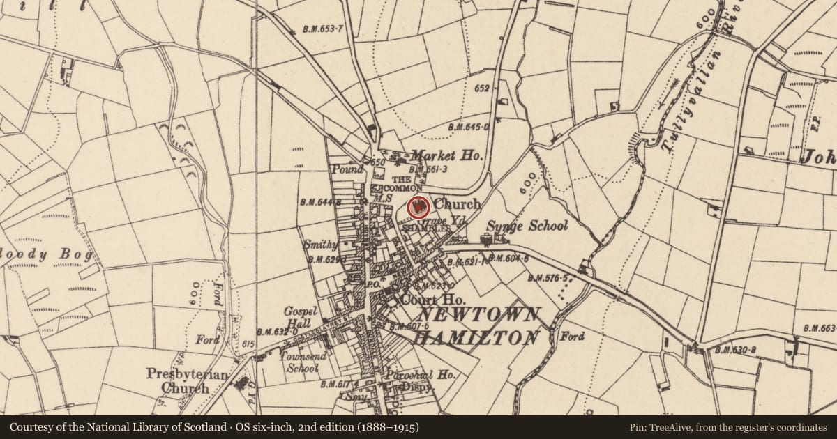 Ordnance Survey six-inch map, 2nd edition (1888–1915) covering the location of St. John'S Parish Church, Newry, Mourne and Down, with a pin at the register's coordinates