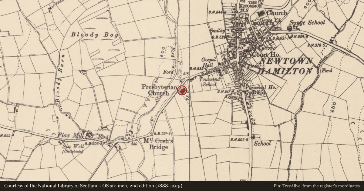 Ordnance Survey six-inch map, 2nd edition (1888–1915) covering the location of Second Presbyterian Church, Newry, Mourne and Down, with a pin at the register's coordinates