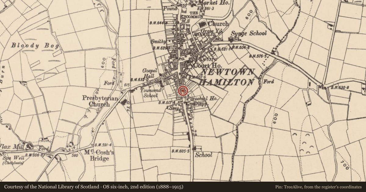 Ordnance Survey six-inch map, 2nd edition (1888–1915) covering the location of 38 Dundalk St., Newry, Mourne and Down, with a pin at the register's coordinates