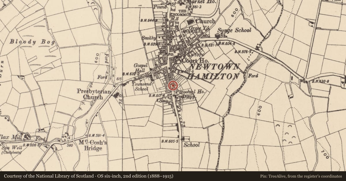 Ordnance Survey six-inch map, 2nd edition (1888–1915) covering the location of 40 Dundalk St., Newry, Mourne and Down, with a pin at the register's coordinates