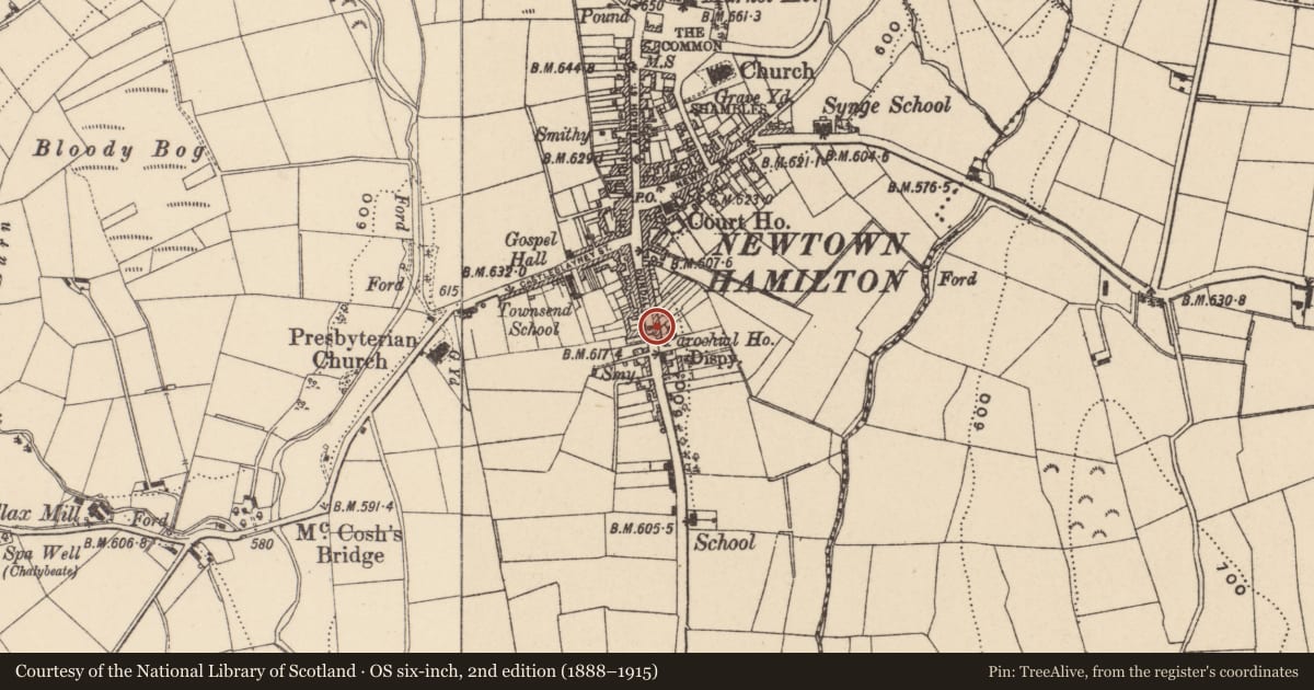 Ordnance Survey six-inch map, 2nd edition (1888–1915) covering the location of 42-44 Dundalk St., Newry, Mourne and Down, with a pin at the register's coordinates