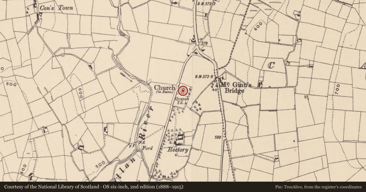 Ordnance Survey six-inch map, 2nd edition (1888–1915) covering the location of Ruins Of Church Of Ireland, Newry, Mourne and Down, with a pin at the register's coordinates