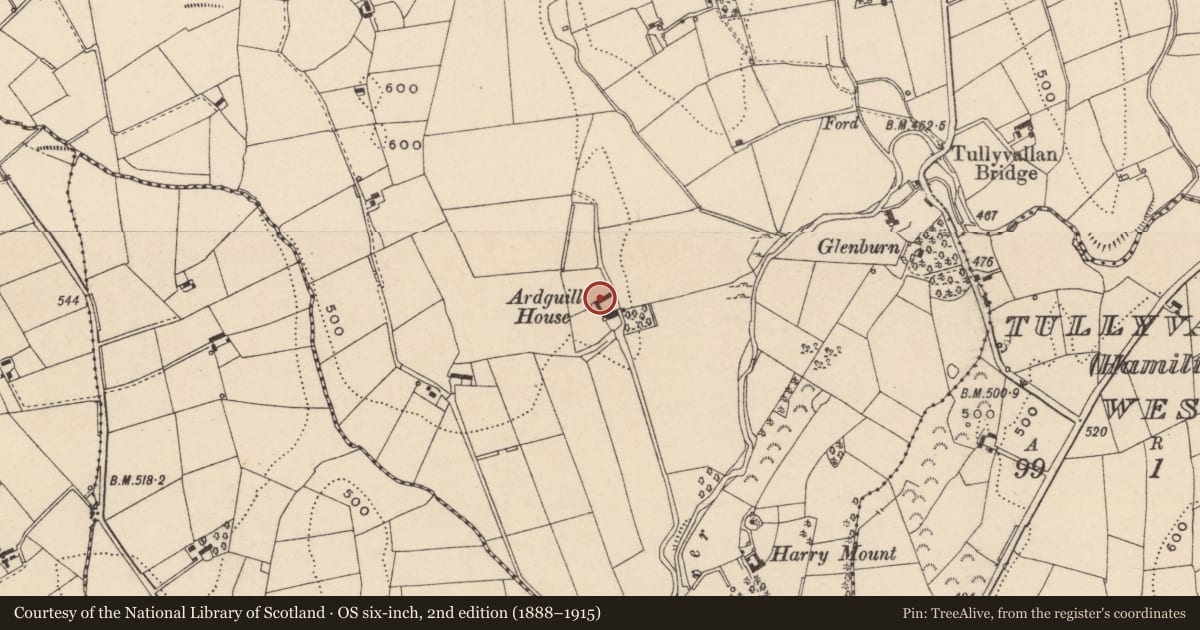 Ordnance Survey six-inch map, 2nd edition (1888–1915) covering the location of Ardquill House, Newry, Mourne and Down, with a pin at the register's coordinates