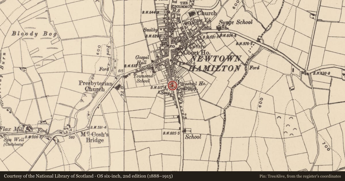 Ordnance Survey six-inch map, 2nd edition (1888–1915) covering the location of 51 Dundalk Street, Newry, Mourne and Down, with a pin at the register's coordinates