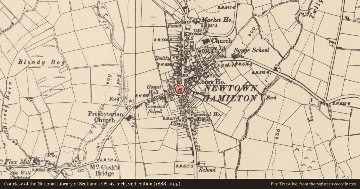 Ordnance Survey six-inch map, 2nd edition (1888–1915) covering the location of 9 & 11 Dundalk Street, Newry, Mourne and Down, with a pin at the register's coordinates