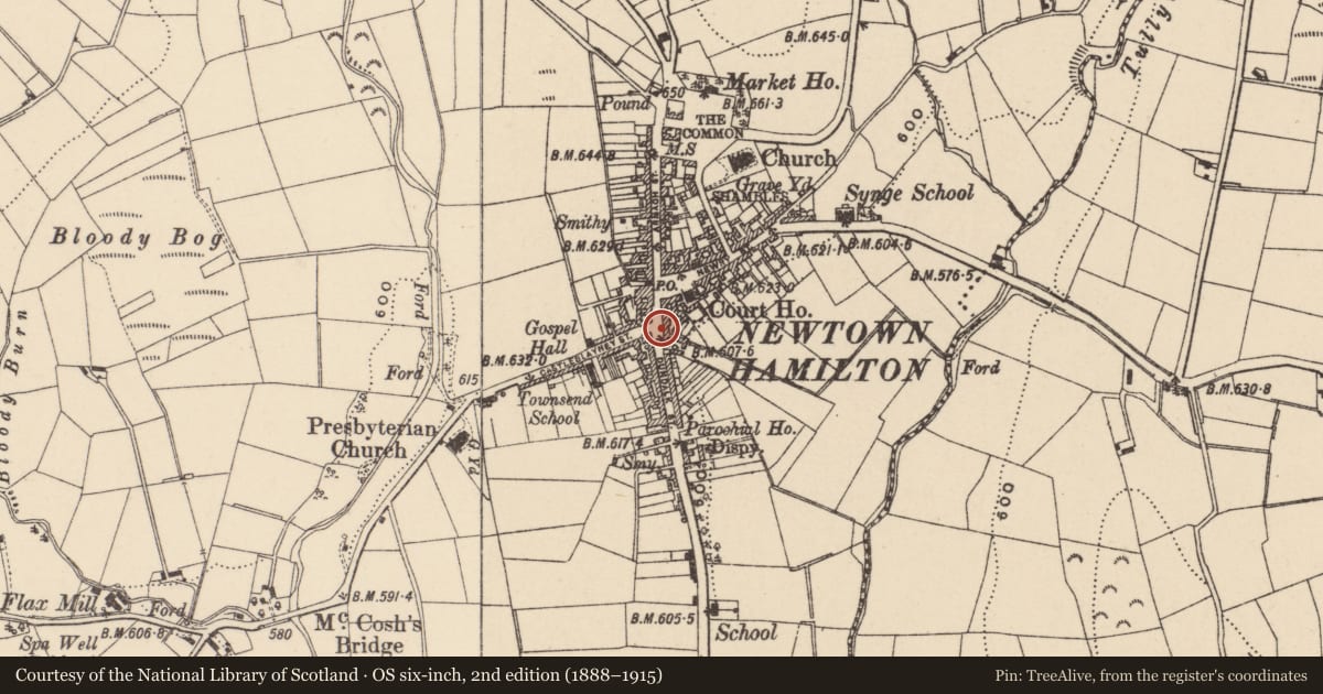 Ordnance Survey six-inch map, 2nd edition (1888–1915) covering the location of Two and half storey terrace, Newry, Mourne and Down, with a pin at the register's coordinates
