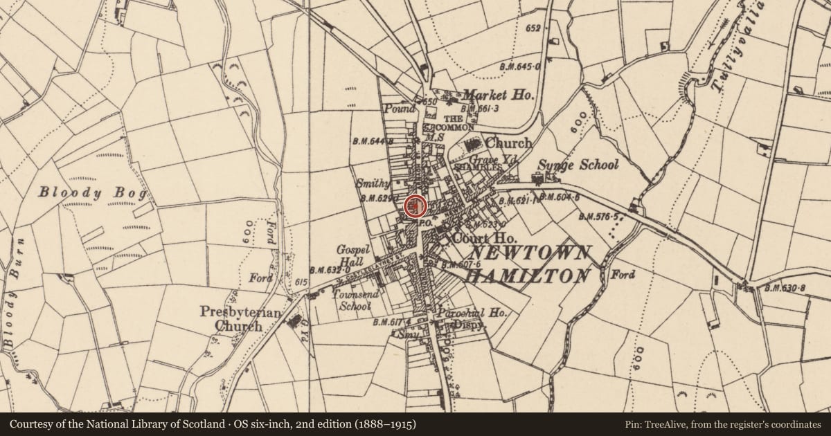 Ordnance Survey six-inch map, 2nd edition (1888–1915) covering the location of 10-12 Armagh St., Newry, Mourne and Down, with a pin at the register's coordinates