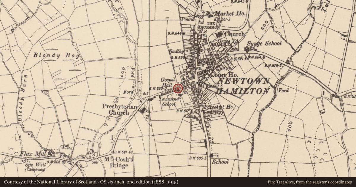 Ordnance Survey six-inch map, 2nd edition (1888–1915) covering the location of Water Pump outside Townsend National School, Ballintemple, Newry, Mourne and Down, with a pin at the register's coordinates