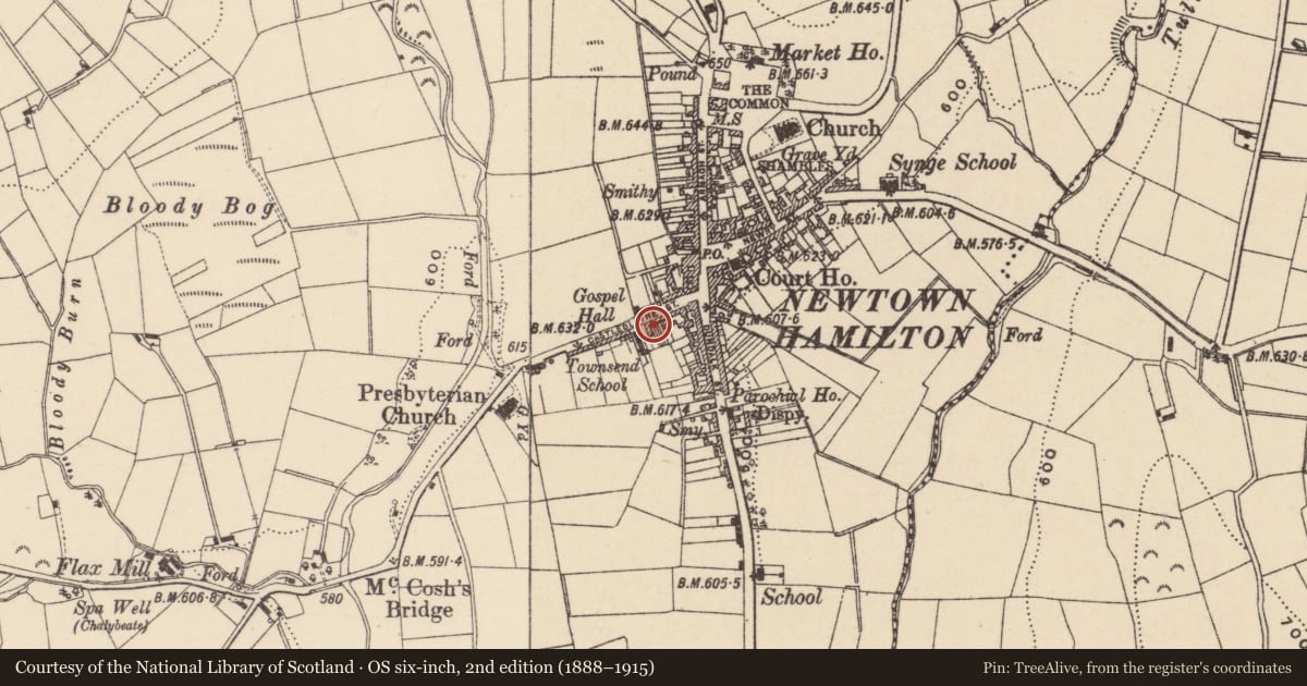 Ordnance Survey six-inch map, 2nd edition (1888–1915) covering the location of 16-18 Castleblayney St., Newry, Mourne and Down, with a pin at the register's coordinates