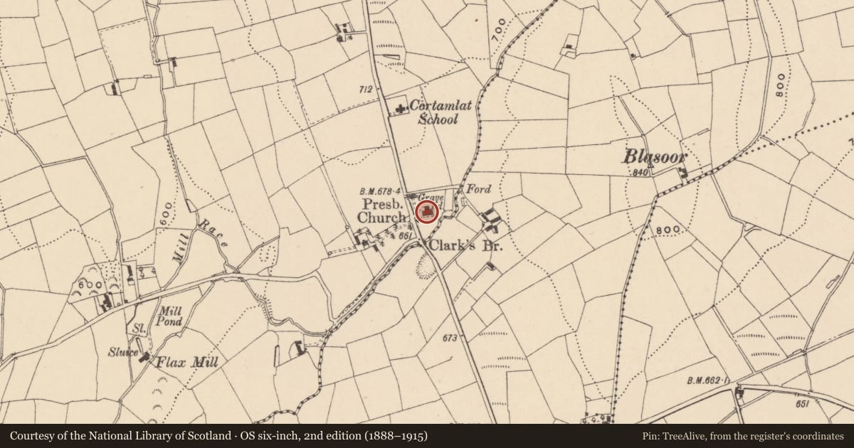 Ordnance Survey six-inch map, 2nd edition (1888–1915) covering the location of Clarksbridge And First Newtownhamilton Presbyterian Church, Newry, Mourne and Down, with a pin at the register's coordinates