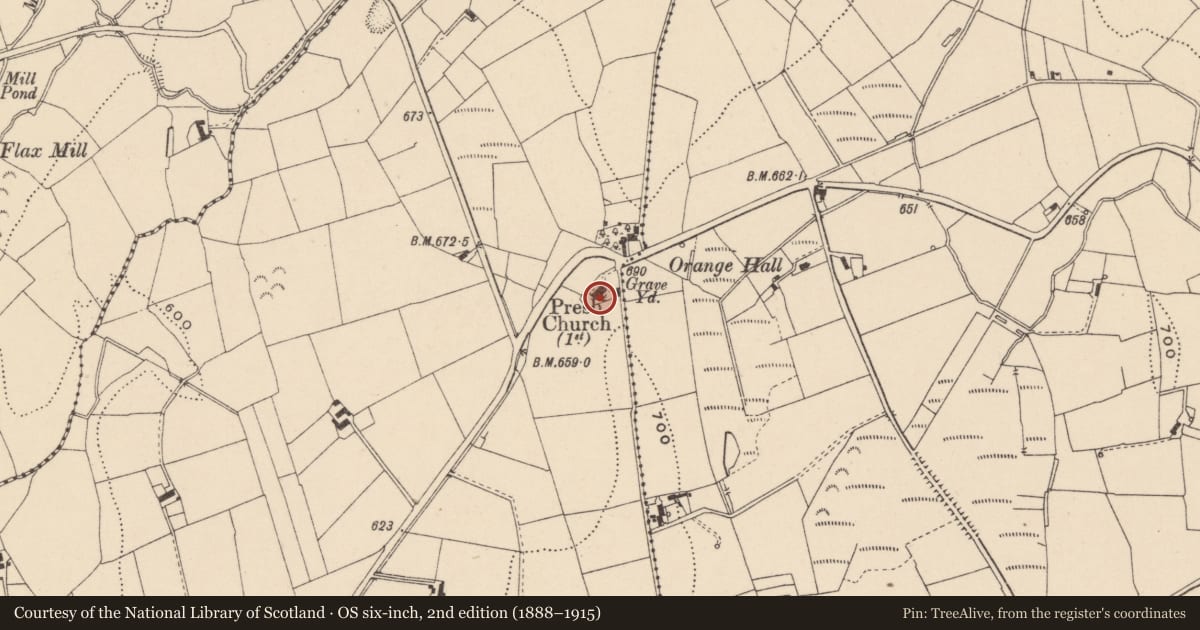 Ordnance Survey six-inch map, 2nd edition (1888–1915) covering the location of First Newtownhamilton Presbyterian Church, Newry, Mourne and Down, with a pin at the register's coordinates