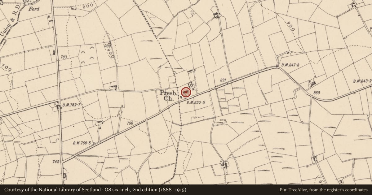 Ordnance Survey six-inch map, 2nd edition (1888–1915) covering the location of Tullyvallen Secession Meeting House, Tullyvallan, Newry, Mourne and Down, with a pin at the register's coordinates