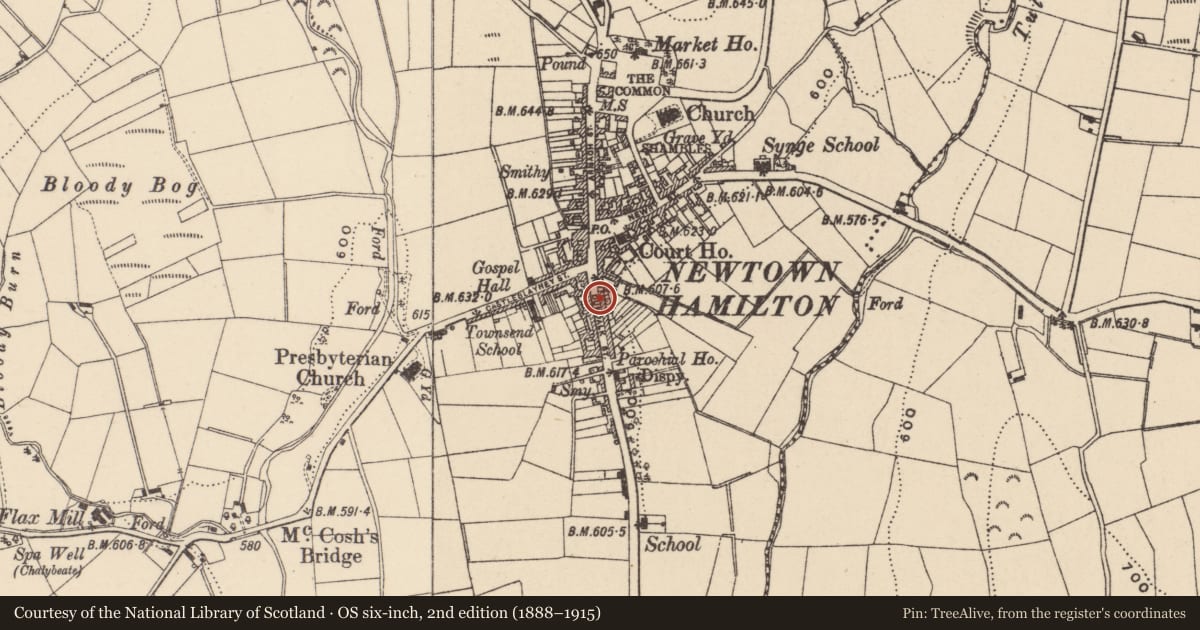 Ordnance Survey six-inch map, 2nd edition (1888–1915) covering the location of Garage, 22 Dundalk Street, Newtownhamilton, Newry BT35 0PB, Tullyvallan, Newry, Mourne and Down, with a pin at the register's coordinates