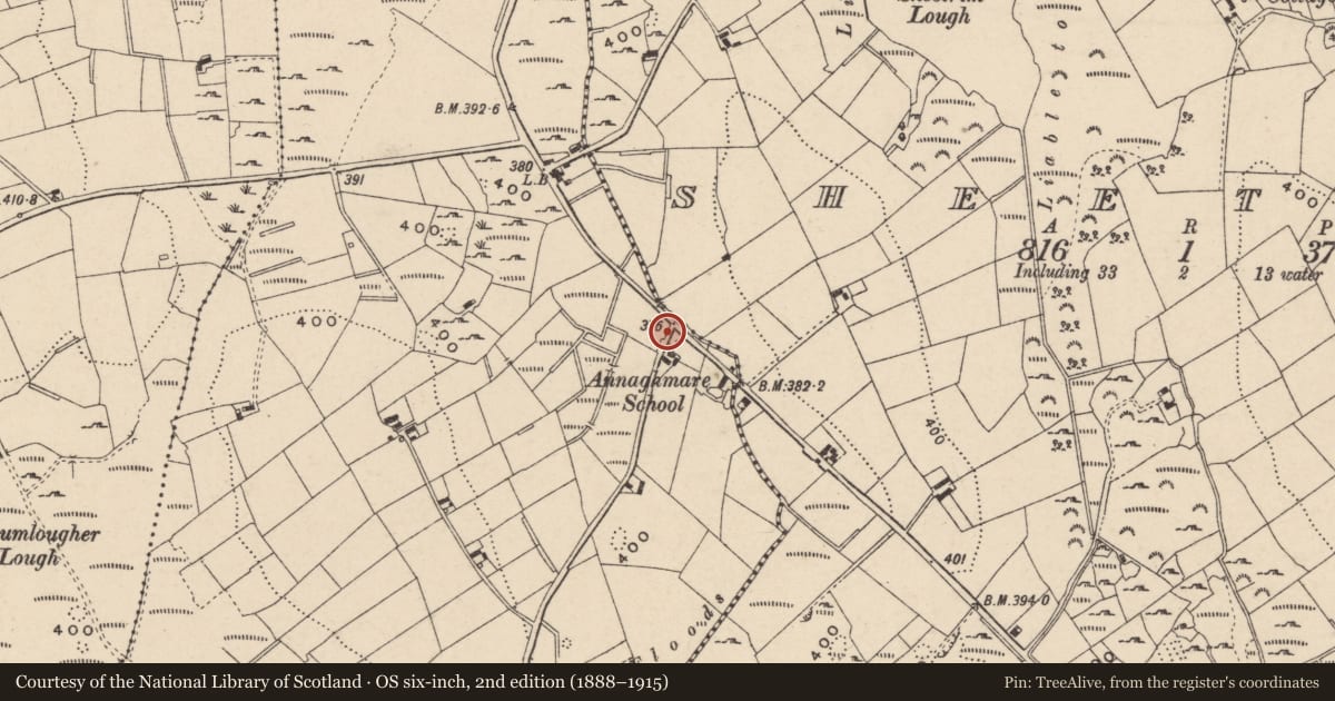 Ordnance Survey six-inch map, 2nd edition (1888–1915) covering the location of Water fountain and walling, Annaghmore, Newry, Mourne and Down, with a pin at the register's coordinates