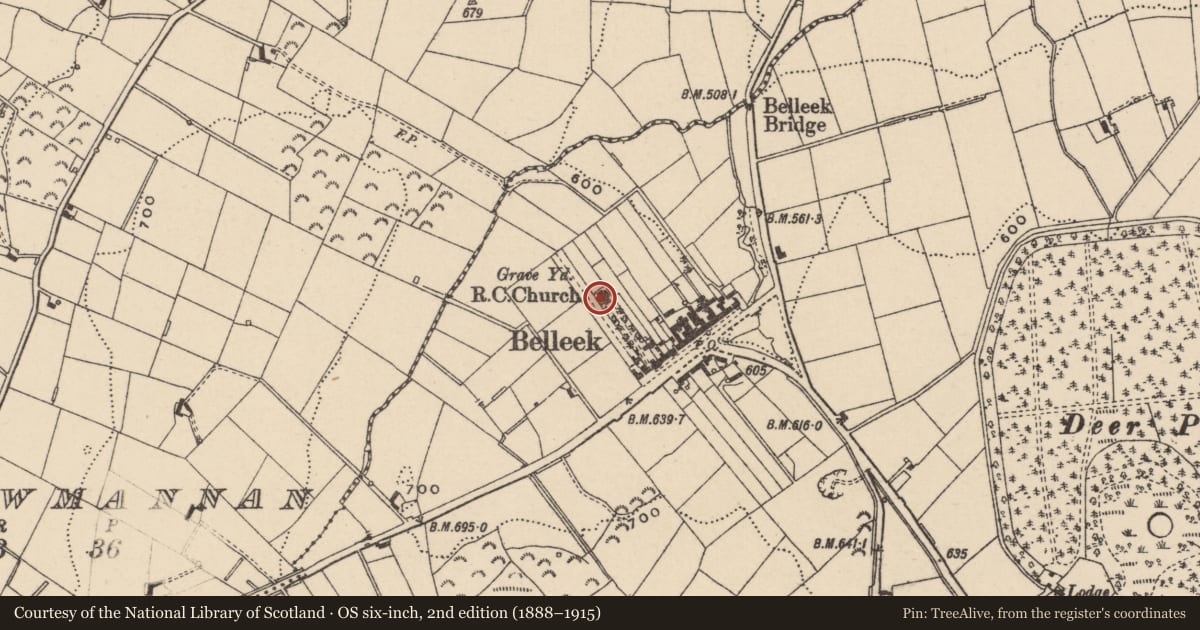 Ordnance Survey six-inch map, 2nd edition (1888–1915) covering the location of St Laurence O'Toole R.C. Church, Main Street, Belleeks, Co Armagh, BT35 7PH, Newry, Mourne and Down, with a pin at the register's coordinates