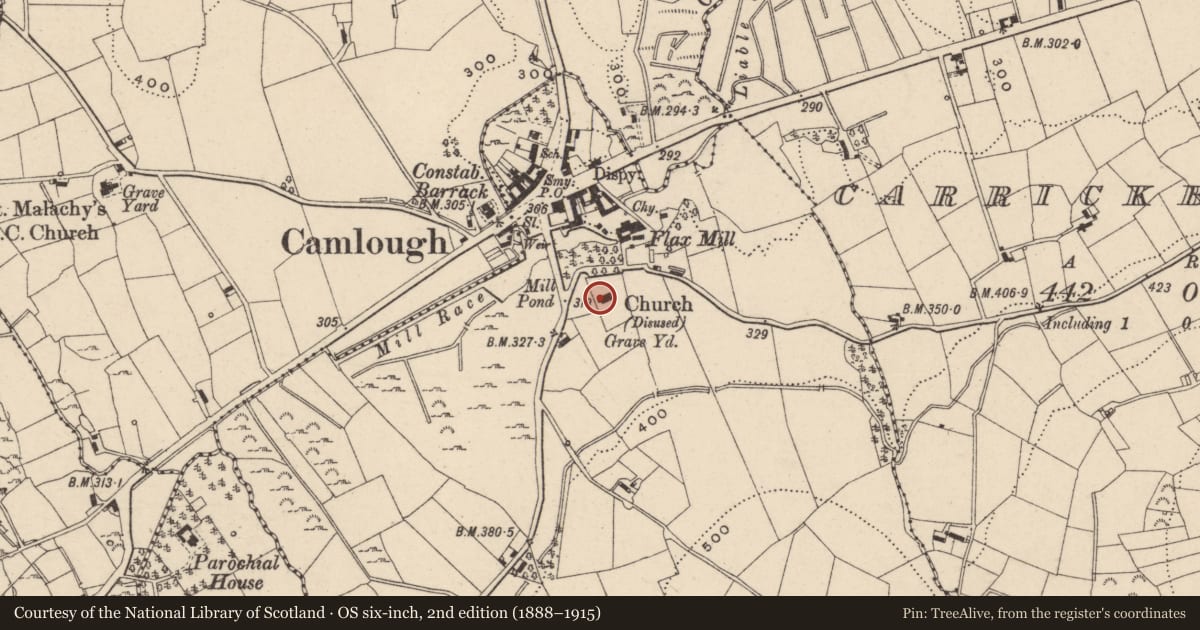 Ordnance Survey six-inch map, 2nd edition (1888–1915) covering the location of CAMLOUGH C OF I Old Church Ruins, Newry, Mourne and Down, with a pin at the register's coordinates