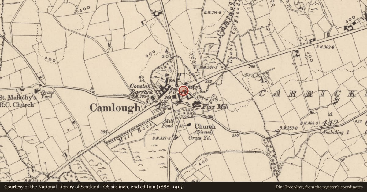 Ordnance Survey six-inch map, 2nd edition (1888–1915) covering the location of Carraghers Bar, Cross, Newry, Mourne and Down, with a pin at the register's coordinates