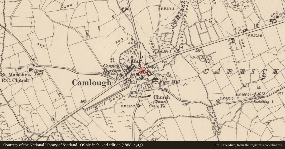 Ordnance Survey six-inch map, 2nd edition (1888–1915) covering the location of Danny Boy Bar, Newry, Mourne and Down, with a pin at the register's coordinates