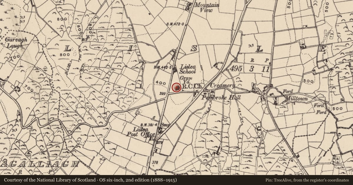 Ordnance Survey six-inch map, 2nd edition (1888–1915) covering the location of R C CHAPEL, Newry, Mourne and Down, with a pin at the register's coordinates