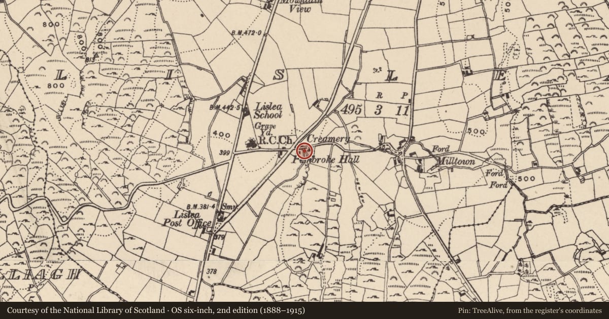 Ordnance Survey six-inch map, 2nd edition (1888–1915) covering the location of Pembroke House, Newry, Mourne and Down, with a pin at the register's coordinates