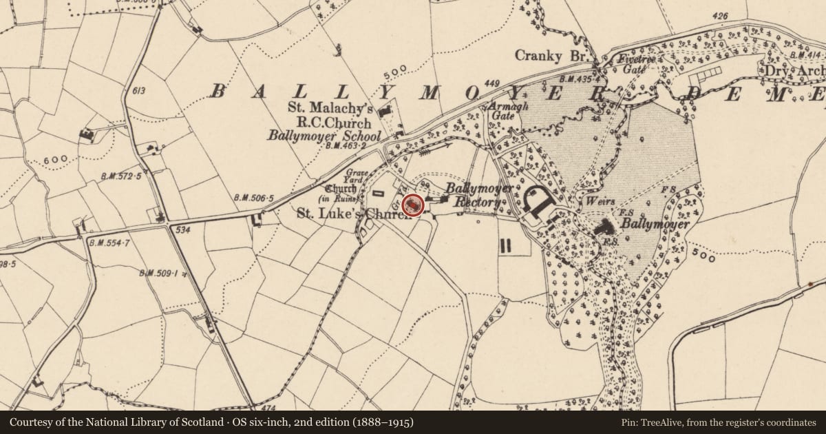 Ordnance Survey six-inch map, 2nd edition (1888–1915) covering the location of St. Luke'S Church, Newry, Mourne and Down, with a pin at the register's coordinates