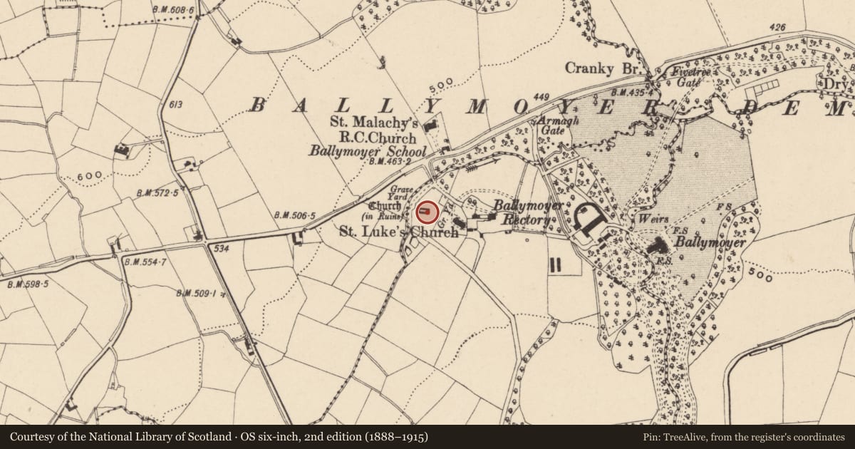 Ordnance Survey six-inch map, 2nd edition (1888–1915) covering the location of Former COI St. Luke's Church, Newry, Mourne and Down, with a pin at the register's coordinates