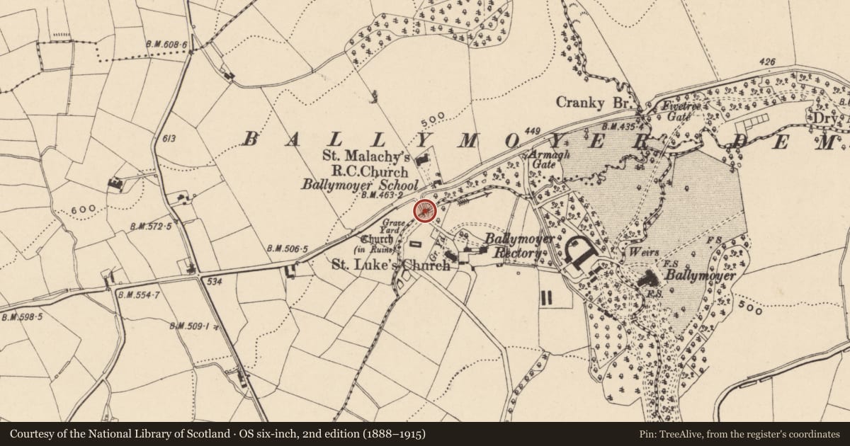 Ordnance Survey six-inch map, 2nd edition (1888–1915) covering the location of Bridge adjacent to St. Luke's Church, Newry, Mourne and Down, with a pin at the register's coordinates