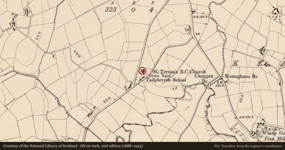 Ordnance Survey six-inch map, 2nd edition (1888–1915) covering the location of St. Teresa'S Church, Newry, Mourne and Down, with a pin at the register's coordinates