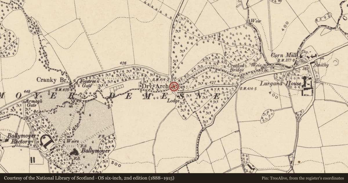 Ordnance Survey six-inch map, 2nd edition (1888–1915) covering the location of Bridge adjacent to Dry Arch, Newry, Mourne and Down, with a pin at the register's coordinates