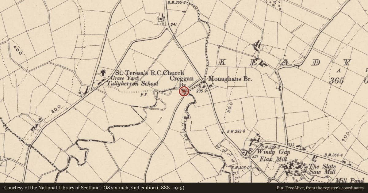 Ordnance Survey six-inch map, 2nd edition (1888–1915) covering the location of Creggan Bridge, Newry, Mourne and Down, with a pin at the register's coordinates