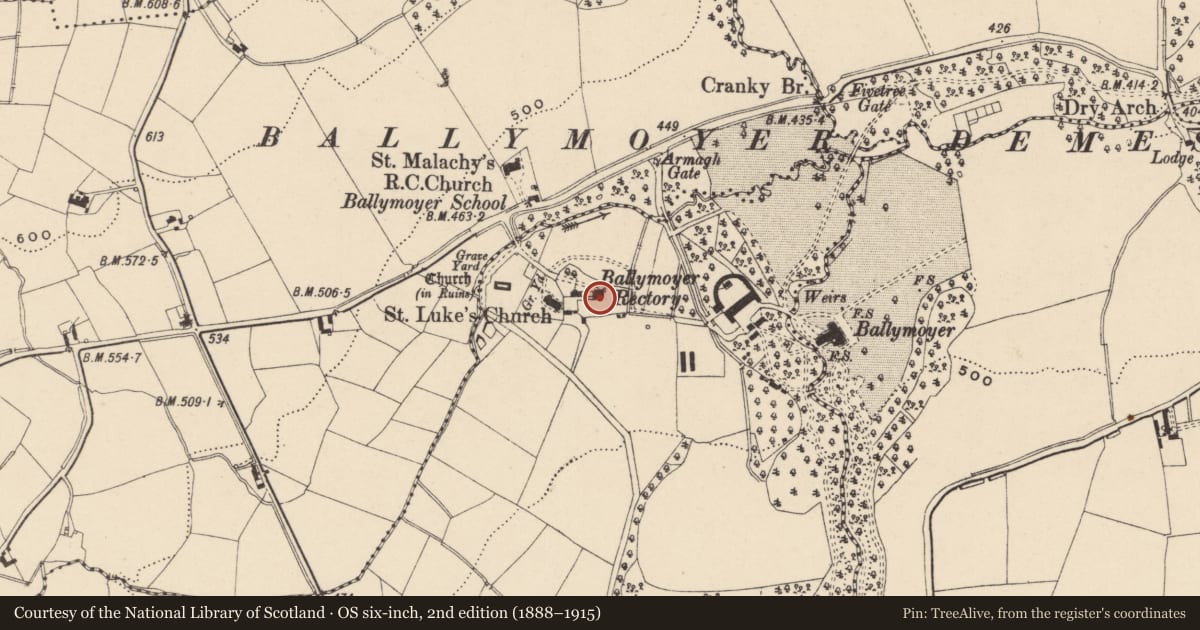 Ordnance Survey six-inch map, 2nd edition (1888–1915) covering the location of The Rectory (COI), Newry, Mourne and Down, with a pin at the register's coordinates