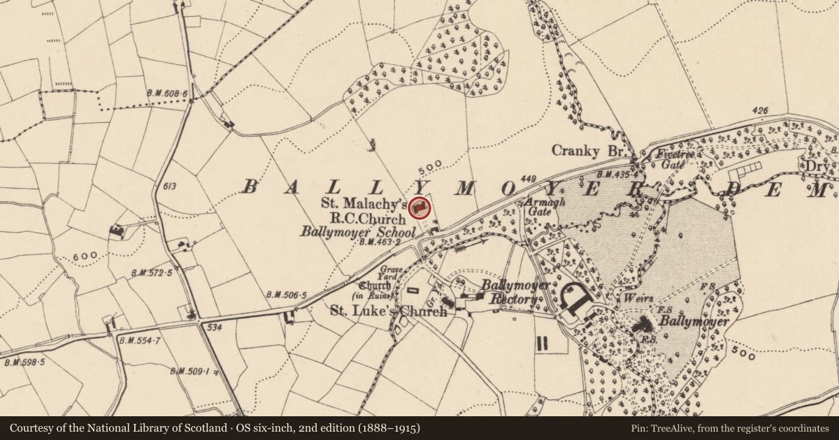 Ordnance Survey six-inch map, 2nd edition (1888–1915) covering the location of St. Malachy's Church (RC), Knockavannon, Newry, Mourne and Down, with a pin at the register's coordinates